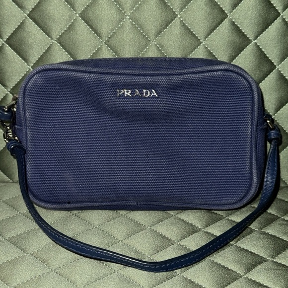Prada canapa wristlet clutch bag in Dark Blue canvas pochette baguette mini bag - Picture 1 of 12